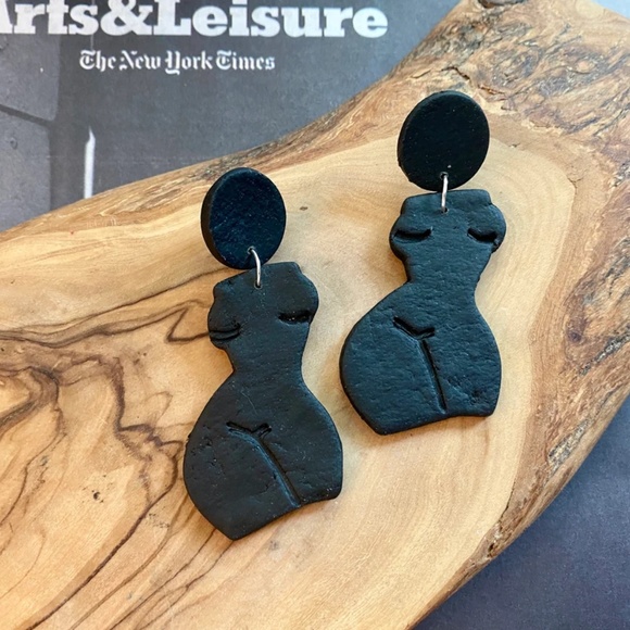 Handmade Clay Earrings | Forms of a Woman Silhouette | Black Leather Texture - Picture 6 of 11